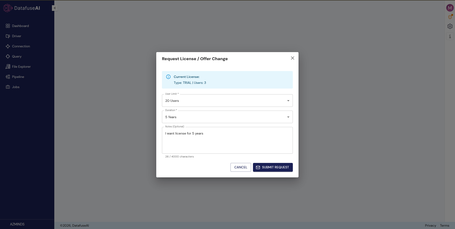 Request License / Offer Change dialog with user limit, duration, and notes