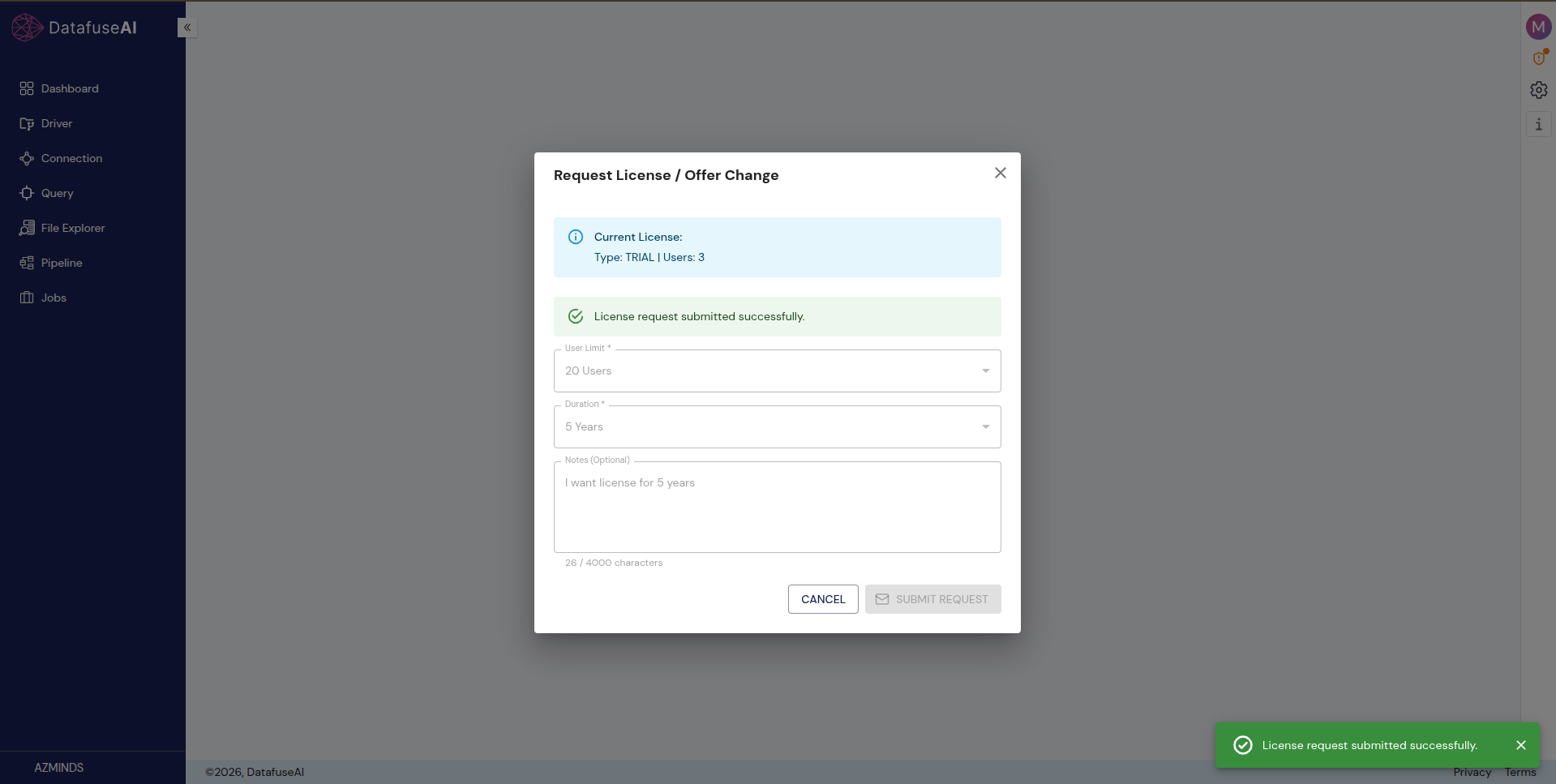 Request dialog showing the License request submitted successfully confirmation